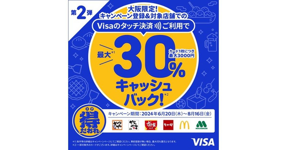 Visa、大阪エリアのファストフード店で最大30％キャッシュバックキャンペーンを実施