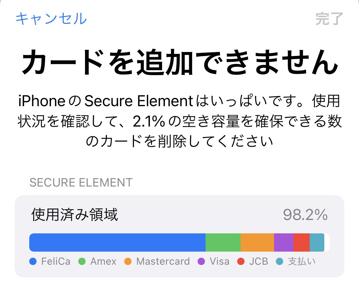「iPhoneのSecure Elementはいっぱいです。使用状況を確認して2.1％の空き容量を確保できる枚数のカードを削除してください」のメッセージ