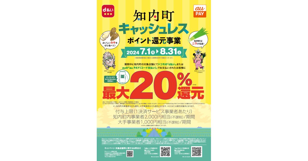 北海道知内町、対象のキャッシュレス決済サービスを利用すると最大10～20％還元キャンペーンを実施